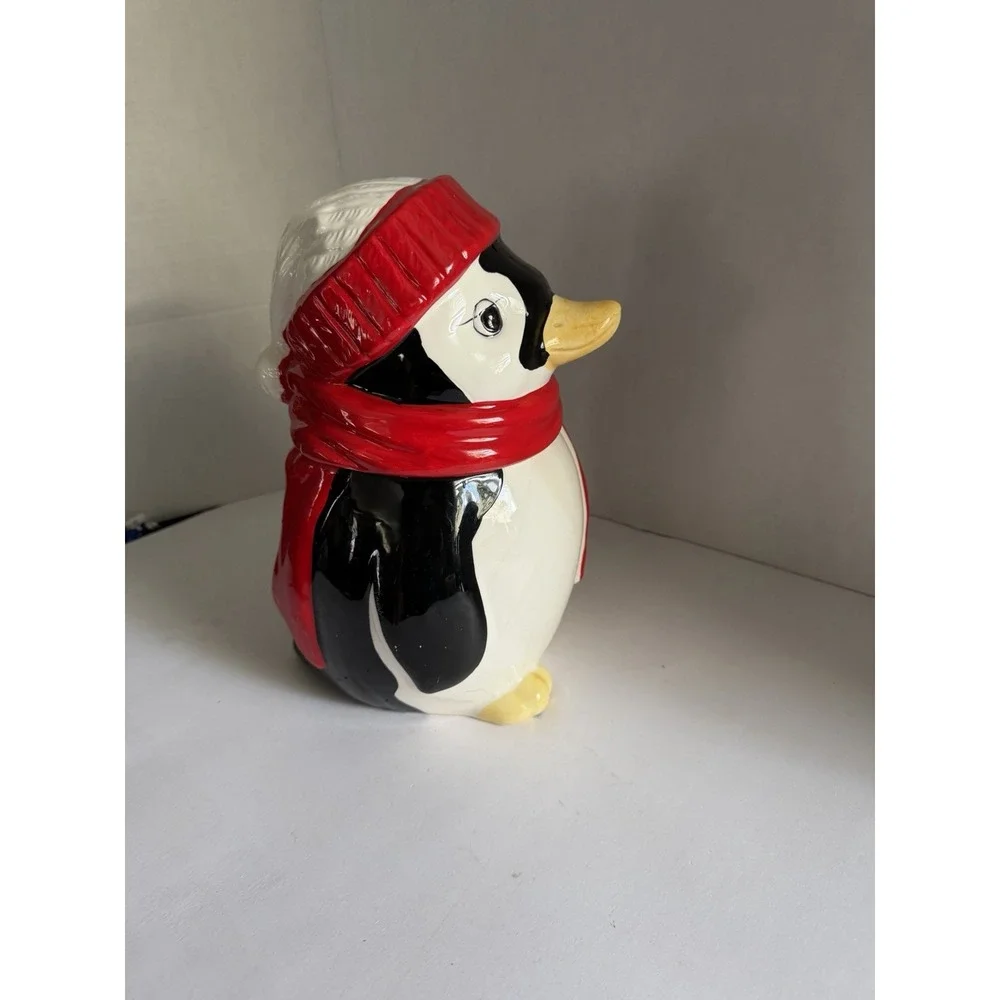 Vintage Ceramic Penguin Cookie Jar Red Hat Scarf Holiday Winter Decor
